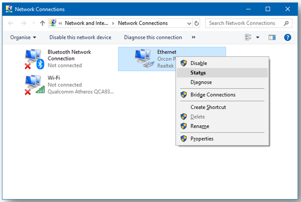 check ethernet status in windows 7